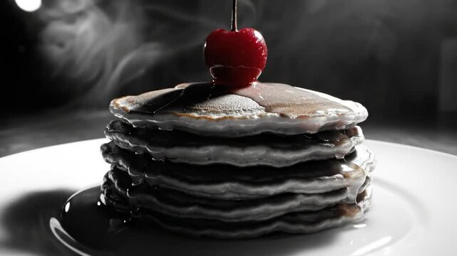 Delicious stack of pancakes with chocolate syrup and a cherry on top, sitting on a white plate