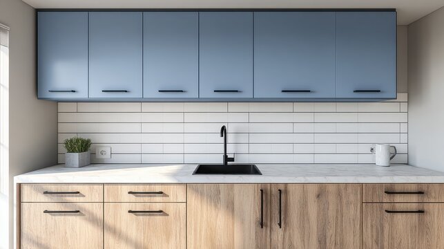 Modern Kitchen Interior with Blue Cabinets, White Subway Tile Backsplash, and Wood Grain Lower Cabinets