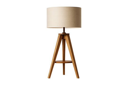 Elegant wooden tripod floor lamp with a beige lampshade on transparent background