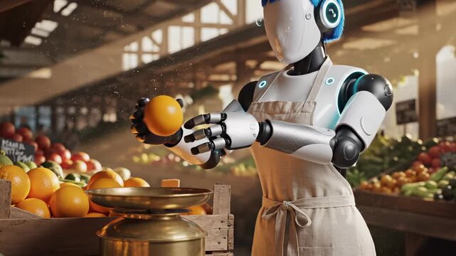Robot holds orange at market with fruit and vegetables. Humanoid android shopping at produce stall. Robot with orange near market scale. Android at marketplace holding fruit beside vegetables.