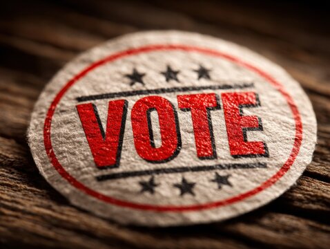 Close-up of a 'VOTE' sticker with stars on a rustic wooden background, symbolizing civic engagement and democratic participation