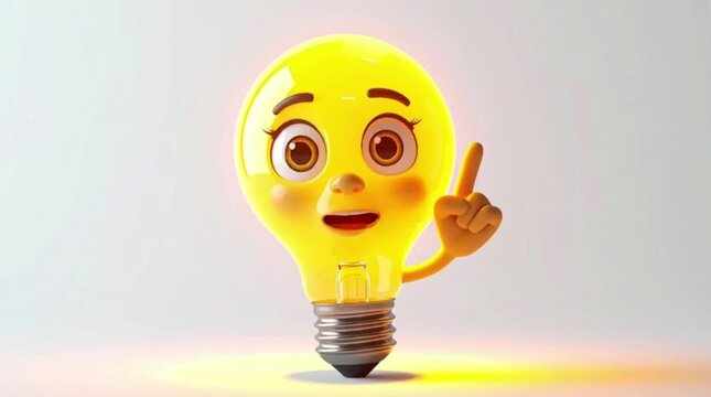 Cute 3D Lightbulb Character Pointing Up with Idea