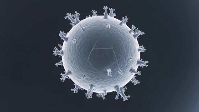 Microscopic view of a virus particle with protruding spikes on its surface