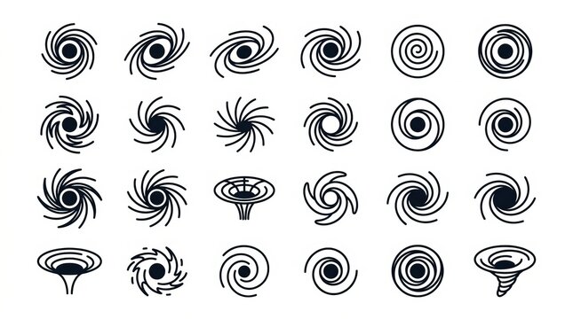 Collection of stylized black hole and vortex icons representing cosmic phenomena.