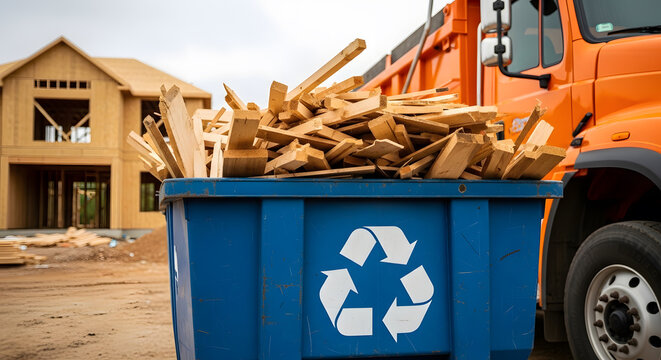 construction site waste recycling bin | sustainable building debris management | residential house framing wood scraps | orange dump truck on construction site | eco friendly construction practices