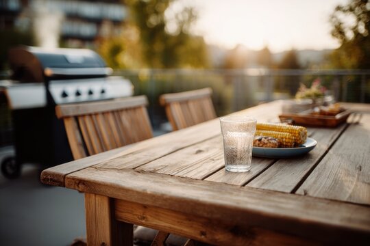 Outdoor patio dining table with grilled corn and drink set for a summer barbecue gathering at sunset