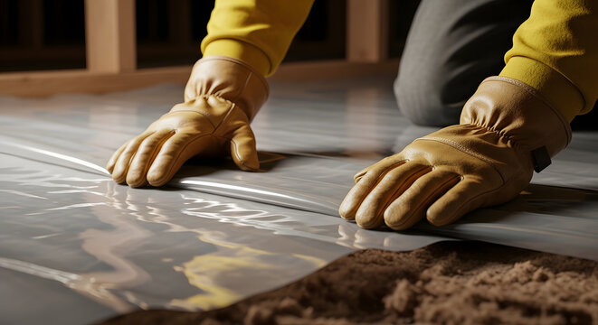 installing plastic vapor barrier in crawl space | worker hands in leather gloves smoothing insulation | moisture control home renovation | professional contractor sealing basement