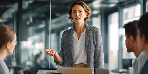 Group of business professionals in modern boardroom meeting, female team leader standing and presenting ideas on whiteboard. © v.stock