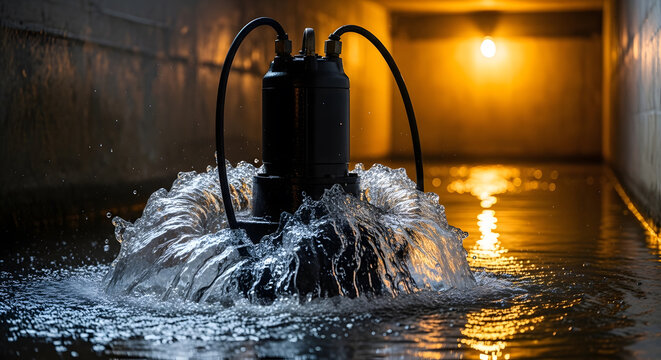 submersible water pump in operation | industrial drainage system in tunnel | electric sump pump clearing flooded area | heavy duty water pumping equipment