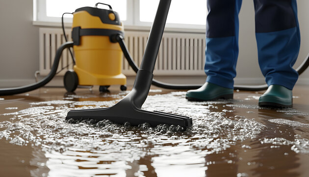 Professional water damage restoration service|Wet and dry vacuum cleaning flooded floor|Industrial vacuum for home flood emergency|Removing water after indoor flooding|Expert basement flood cleanup