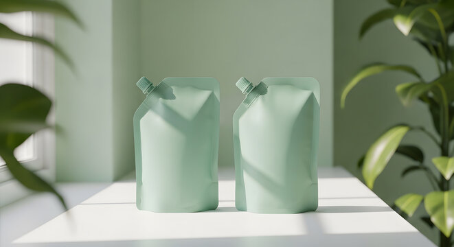 Eco-friendly refill pouch mockup | Minimalist cosmetic packaging design | Sustainable spout pouch for liquid soap | Aesthetic green product mockup with plant