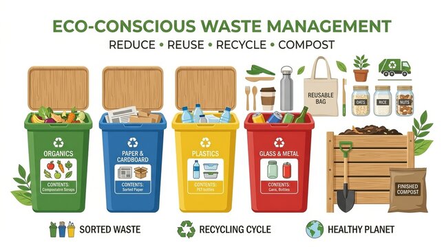 Eco-conscious waste management with organized bins for recycling and composting