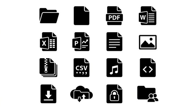 Collection of digital document and file icons representing various data types and storage.