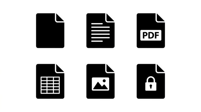 Collection of diverse document icons representing various file types and security