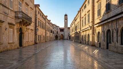 Obraz premium Dubrovnik Old Town Limestone Streets Empty in the Early Morning Summer Light — Croatia Travel and Tourism Stock Photo