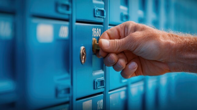 Hand Inserting Key into Blue Lockers Numbered for Secure Storage and Organization