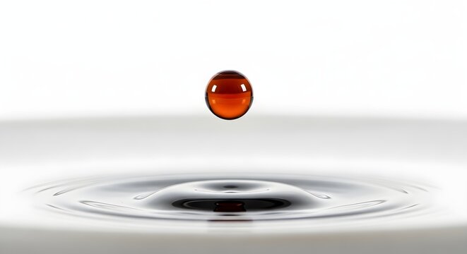 Capturing the precise elegance of a Cultivated amber liquid drop creating perfect ripples, a visual ode to the refined art of Gastronomy