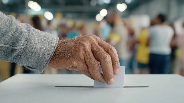 Close-up of an elderly person's hand casting a vote into a ballot box at a polling station with blurred background crowd