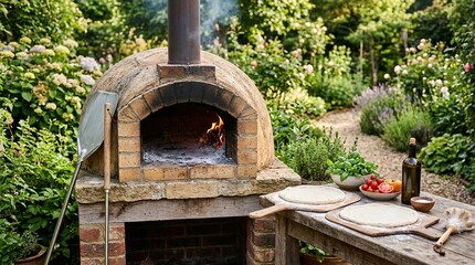 Naklejka premium Traditional Wood-Fired Pizza Oven Glowing with Hot Embers in an Outdoor Kitchen — Authentic Italian Food Stock Photo