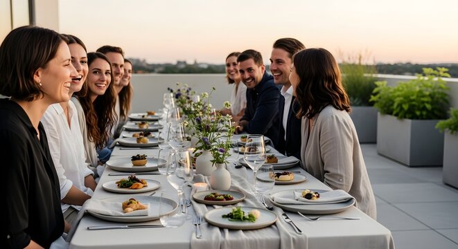 An evening of shared laughter and cultivated gastronomy, as a diverse group enjoys an elegant rooftop dinner party