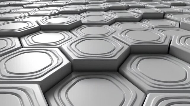 3D rendering of white and light gray hexagonal tiles featuring concentric raised borders arranged in a honeycomb tessellation pattern with realistic lighting, depth, and shadows.
