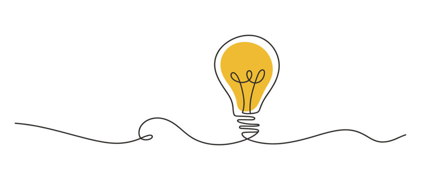 Abstract continuous line drawing of a glowing yellow light bulb symbolizing innovation and bright ideas, vector illustration