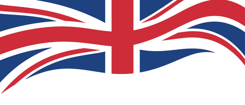 Abstract Union Jack flag design with flowing red white and blue stripes isolated on transparent background, vector illustration