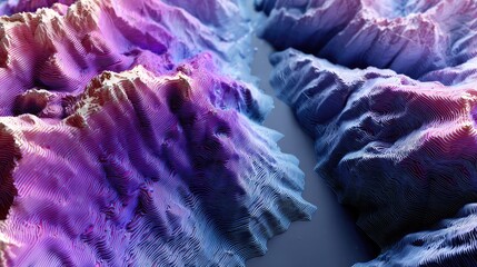 Obraz premium Abstract landscape representation with intricate mountain ridges in vibrant purple and blue hues, showcasing depth and unique terrain features for digital art use.