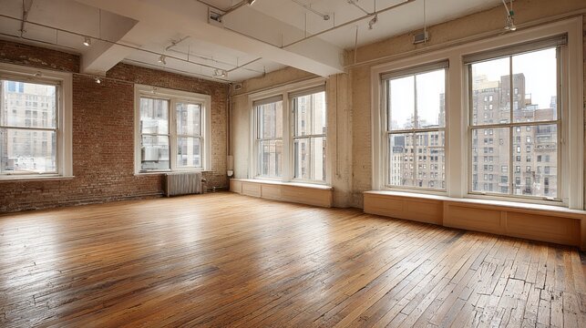 Spacious industrial loft studio with large windows, exposed brick, and polished wooden floors flooded with natural light.