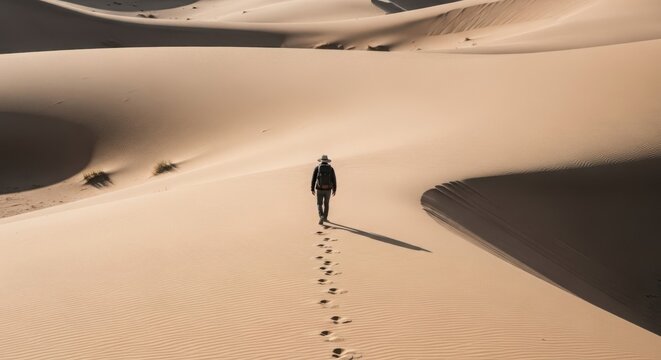 Lone traveler walking through vast desert sand dunes leaving footprints in the bright sun