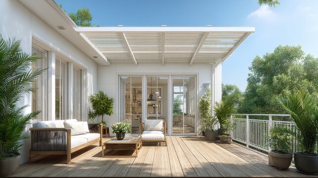 Modern wooden deck with comfortable outdoor seating and lush green trees under a clear blue sky