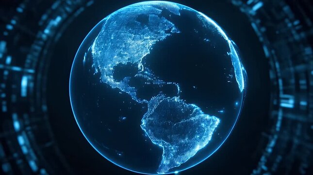 Slow rotating digital blue earth hologram with no people