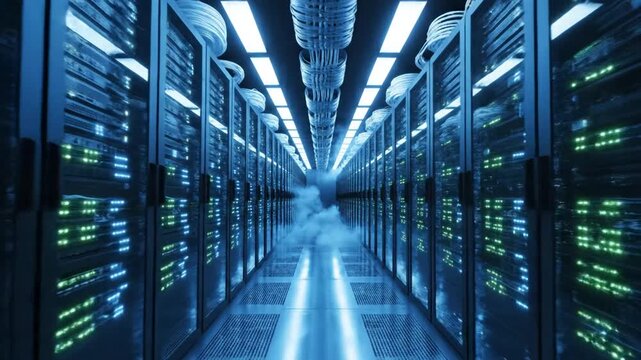 Long corridor of glowing server racks in modern data center