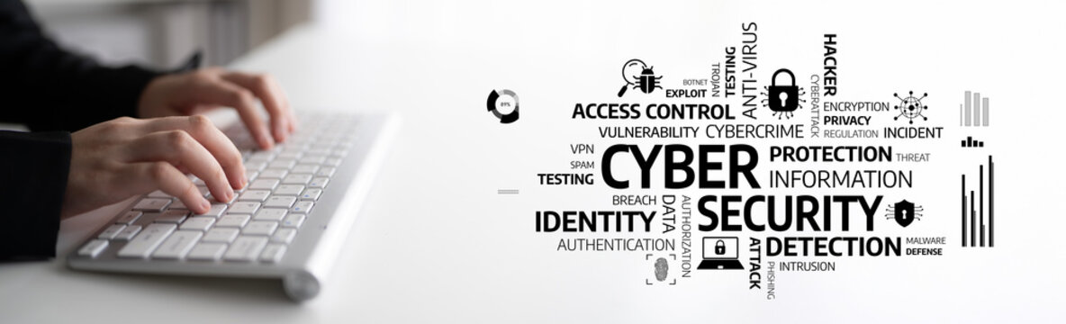 A close-up image capturing hands typing on a keyboard among various cybersecurity terms, emphasizing the need for robust protection and proactive measures against digital threats. Tessel