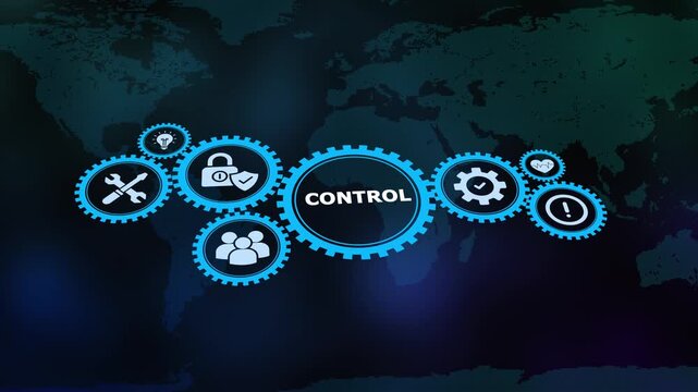 Centralized system control and operational management concept with industrial gear mechanism on world map.