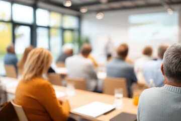 Fototapeta premium Audience attentively watching a presentation in a modern conference room with natural light