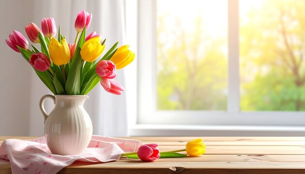 A vase of tulips graces a wooden table. Vibrant blooms in shades of yellow and pink bask in natural sunlight near a window