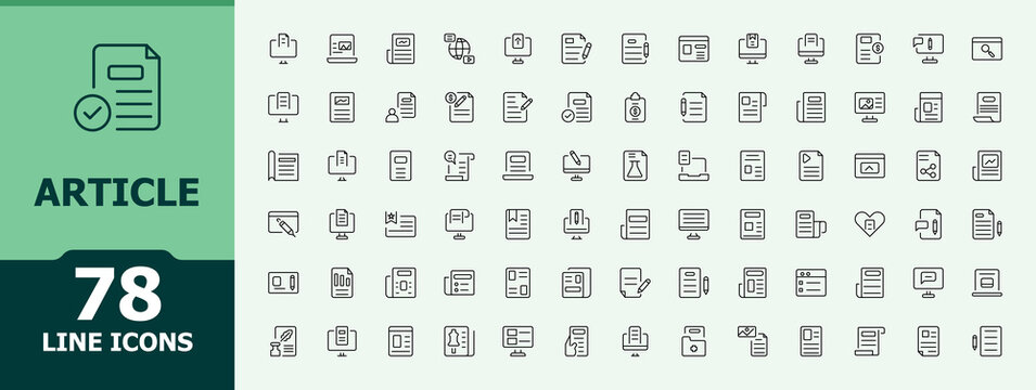 Article line icon set. Icons for UI designs. Related to writing, writer, author, write. Editable stroke. Vector collection. Writing vector icon set.