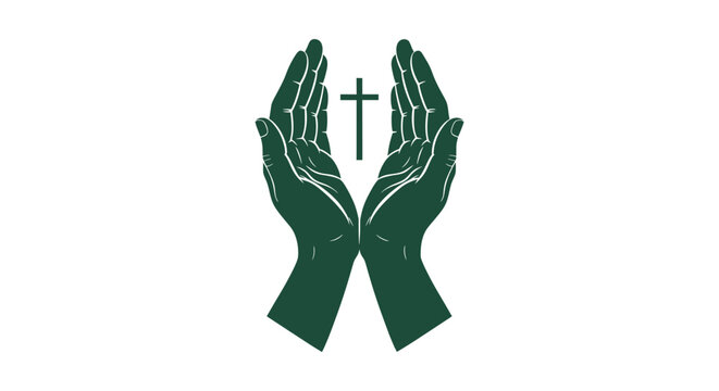 Minimalist dark green hands in prayer holding a cross icon for spiritual devotion and christianity.
