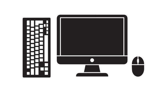 Desktop computer monitor icon with keyboard and mouse peripheral hardware set
