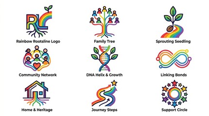 Fototapeta premium Vibrant rainbow icons representing family, growth, community, and connection.