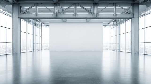 Spacious, light-filled industrial loft interior with large windows and blank canvas wall for creative display
