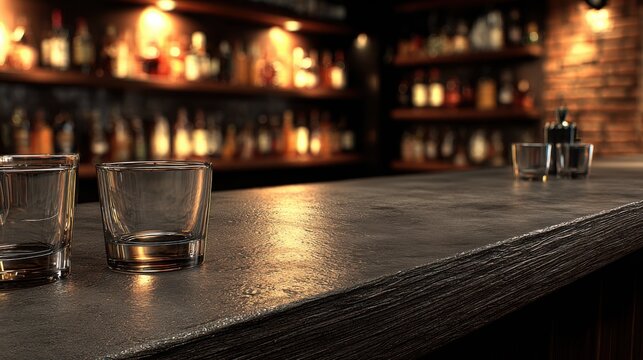 Empty Bar Countertop with Glasses and Blurred Bottles in Warm Evening Ambiance