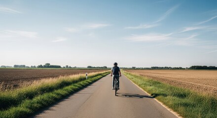Obraz premium Man cycling down a long, empty country road under a clear blue sky with agricultural fields on either side