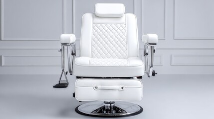 Fototapeta premium Luxury White Barber Chair with Quilted Seat and Adjustable Footrest for Salon Services