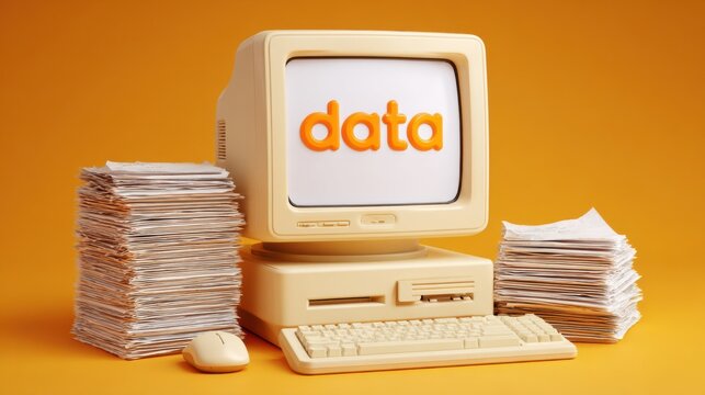 Retro computer setup with piles of documents and the word 'data' displayed on screen