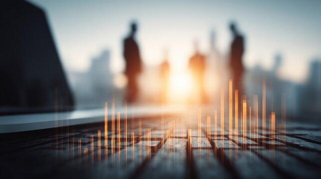 Blurry Silhouettes of Business People in Meeting with Abstract Digital Financial Graph Over Keyboard