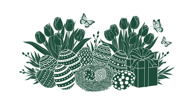 Decorative Easter Composition with Patterned Eggs, Tulips, Nest and Gift Box Vector Illustration