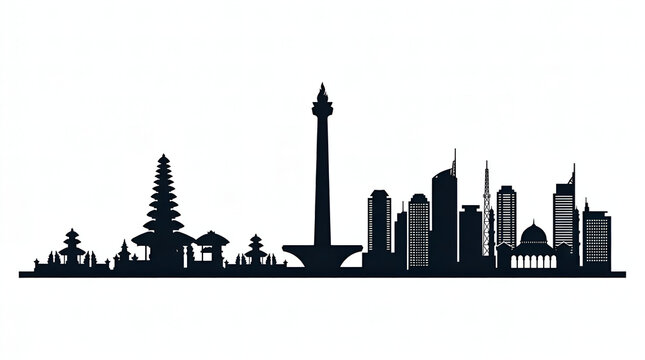 Modern Indonesian Cityscape Silhouette Isolated on White
