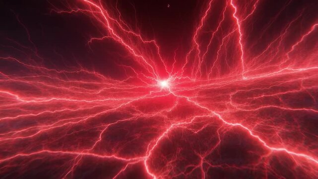 Red lightning energy spreading outward in digital style on a dark background, concept of power and intensity force